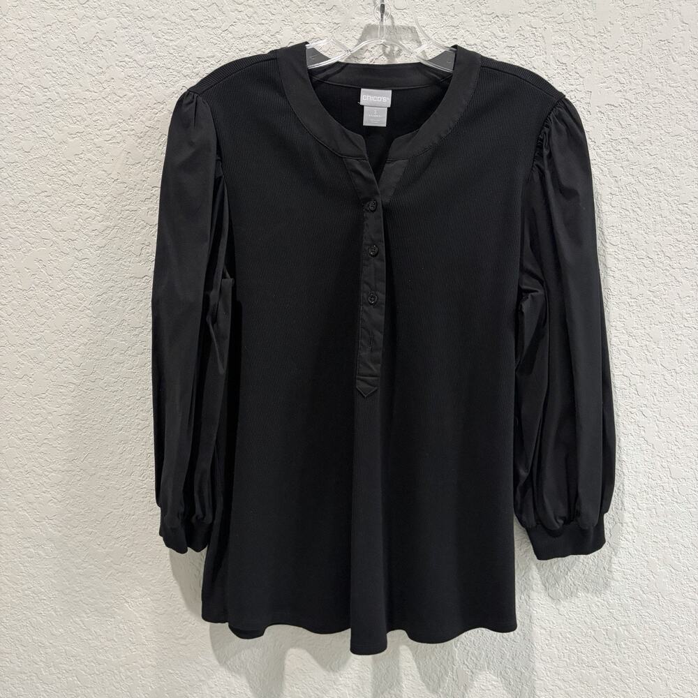 Chicos Black Ribbed Blouse Womens XL Puff Sleeve Stretch Knit Top